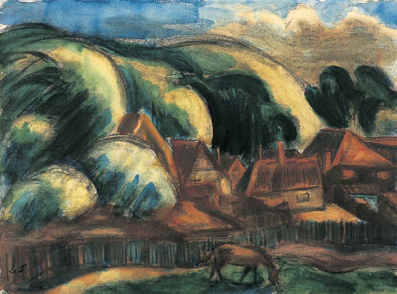 Fauconnier H.V.G. Le | 'Henri' Victor Gabriel Le Fauconnier, A view of a landscape, Sloten, Holzkohle und Aquarell auf Papier 56,9 x 76,9 cm, signed l.l. with initials und painted between 1916-1917