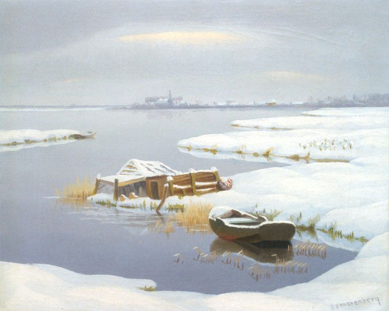 Smorenberg D.  | Dirk Smorenberg, A moored boat in a winter landscape, Öl auf Leinwand 50,0 x 60,5 cm, signed l.r.