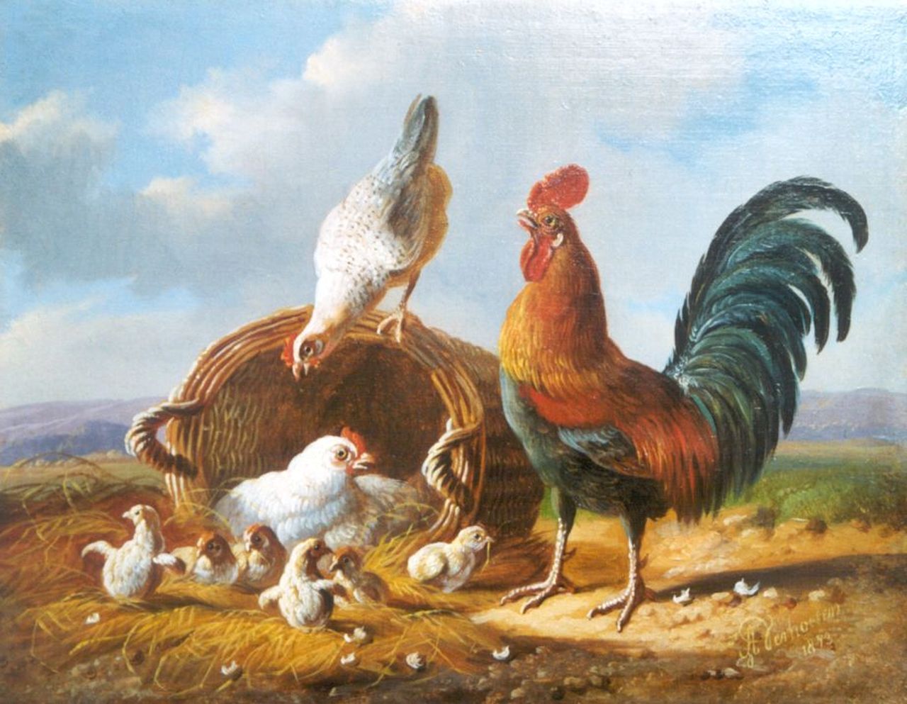 Verhoesen A.  | Albertus Verhoesen, Poultry in an extensive landscape, Öl auf Holz 14,1 x 18,1 cm, signed l.r. und dated 1873