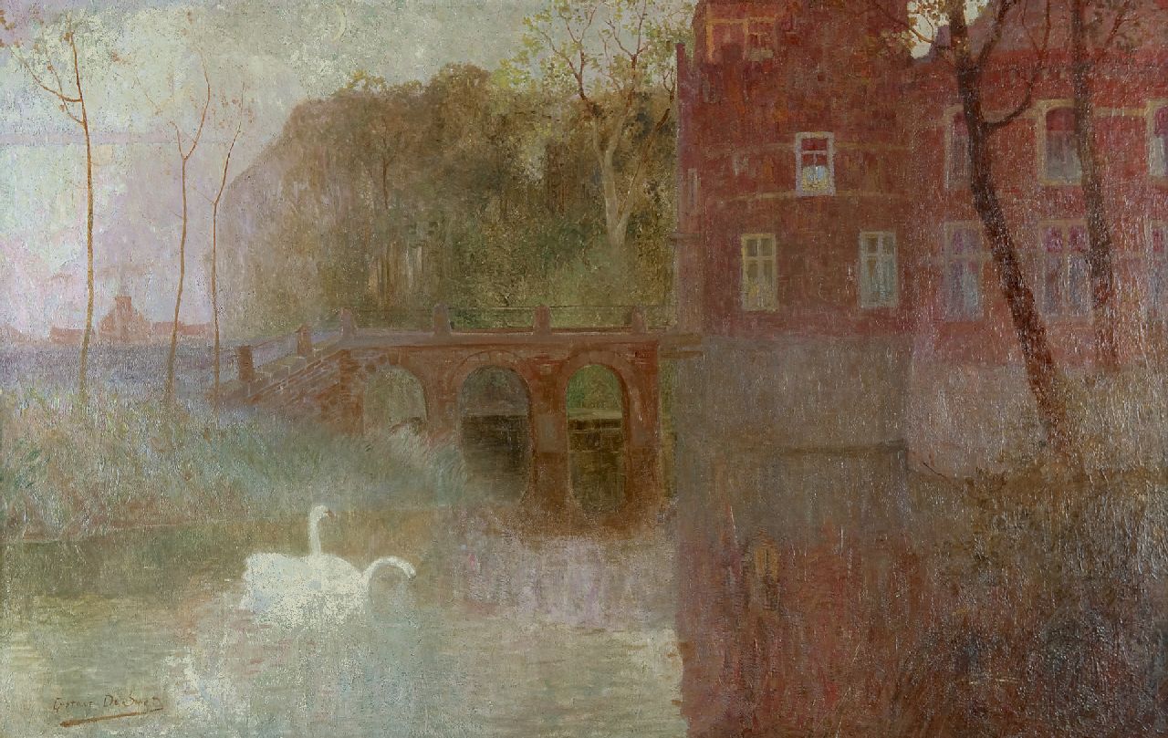 Smet G. de | Gustave de Smet, Swans in a castle-moat, Brugge, Öl auf Leinwand 86,9 x 138,7 cm, signed l.l. und painted circa 1900