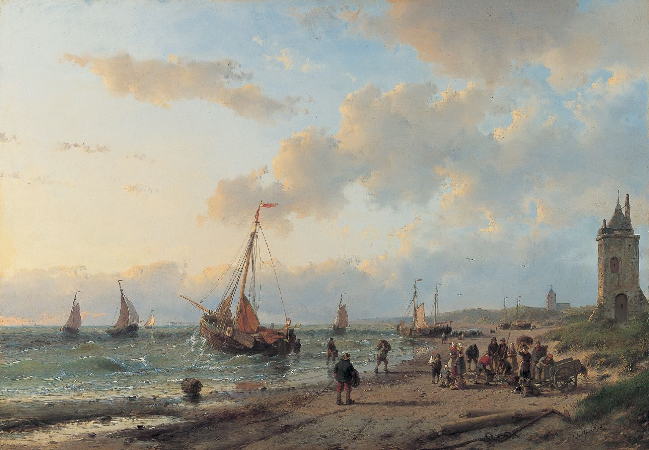 Schelfhout A.  | Andreas Schelfhout, Fish auction on the beach, Öl auf Holz 44,3 x 63,5 cm, signed l.r. und dated '58