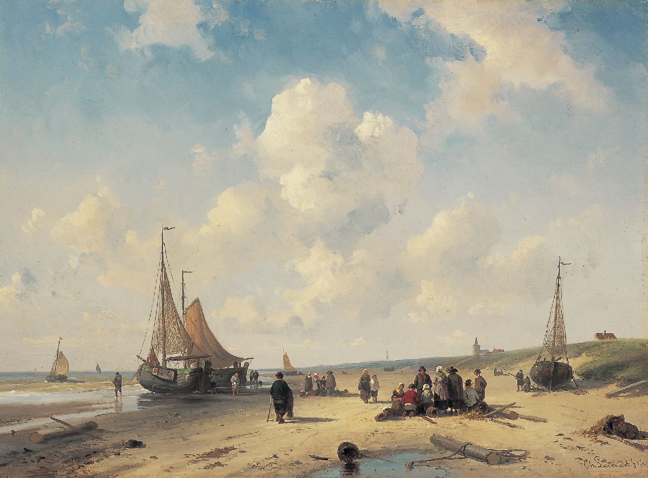 Leickert C.H.J.  | 'Charles' Henri Joseph Leickert, 'Bomschuiten' on the beach, Scheveningen, Öl auf Holz 26,1 x 36,0 cm, signed l.r. und dated '54
