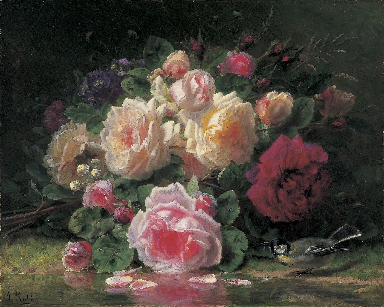 Robie J.B.  | Jean-Baptiste Robie, Roses and a bird by a pond, Öl auf Holz 42,0 x 52,0 cm, signed l.l.