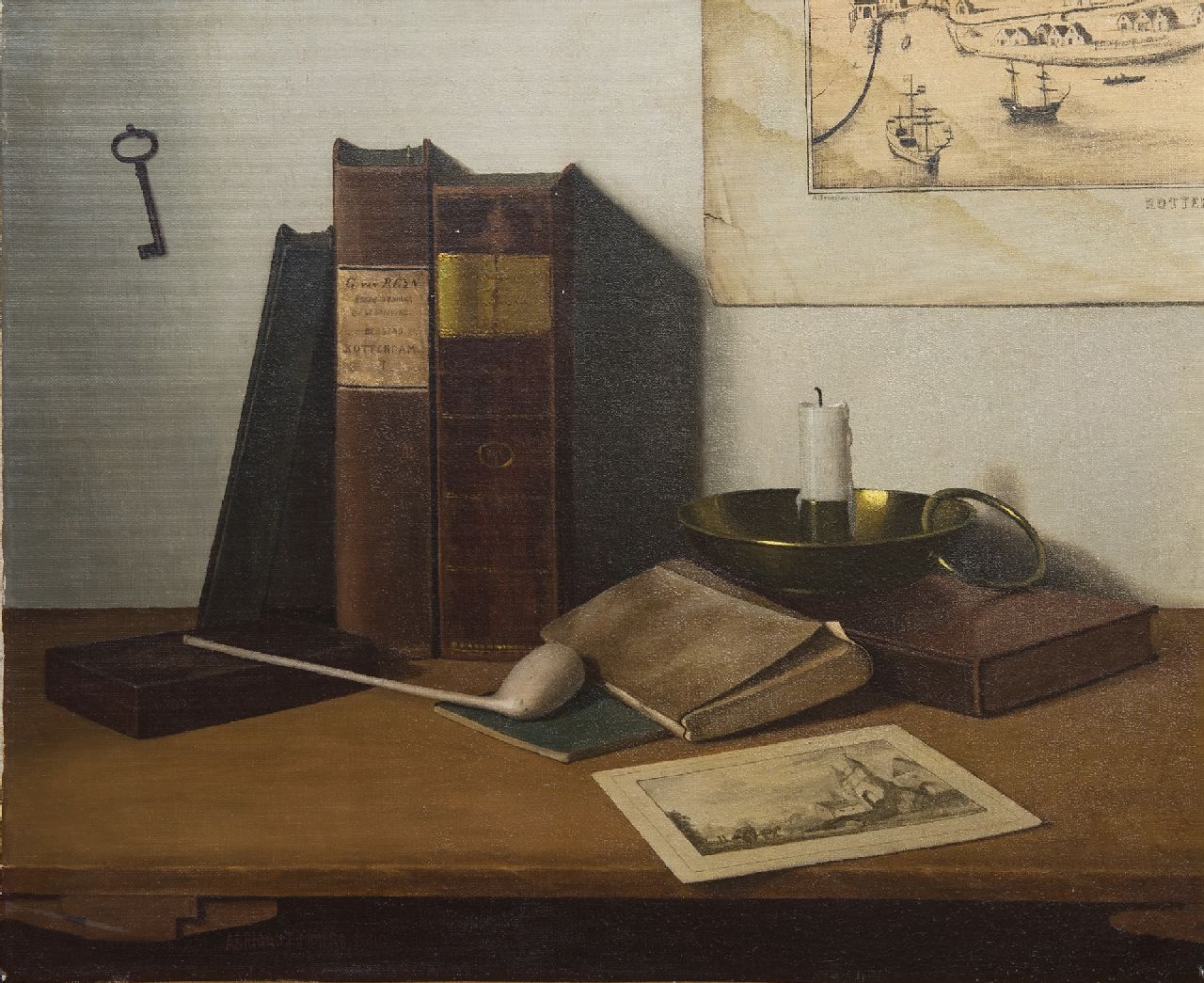 Adriaan Timmers | Stilleben mit Büchern und einem Stich von Rotterdam, Öl auf Leinwand, 45,1 x 55,2 cm, Unterzeichnet l.u. und datiert 1940