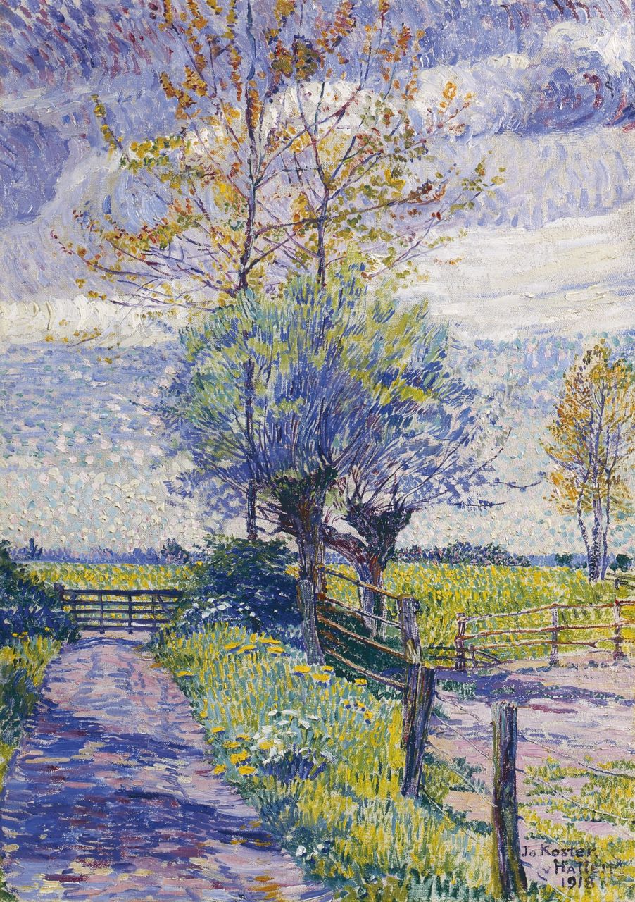 Koster J.P.C.A.  | Johanna Petronella Catharina Antoinetta 'Jo' Koster, A country lane in spring, Öl auf Leinwand 38,2 x 27,3 cm, signed l.r. und dated 1918