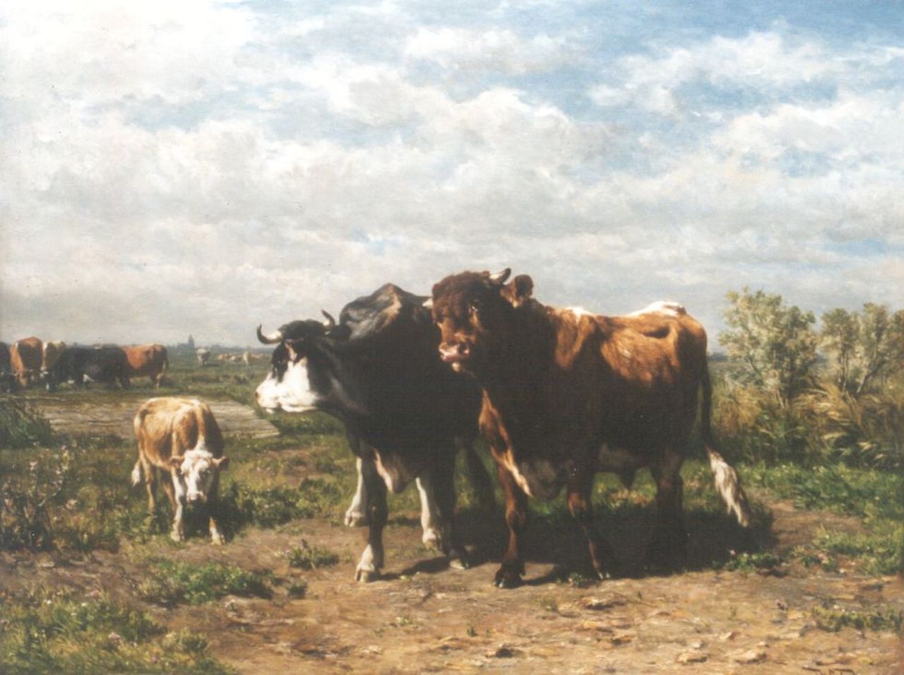 Haas J.H.L. de | Johannes Hubertus Leonardus de Haas, Cows in a meadow, Öl auf Holz 70,2 x 92,2 cm, signed l.r. und dated  'Bruxelles Juillet 1872' on the reverse