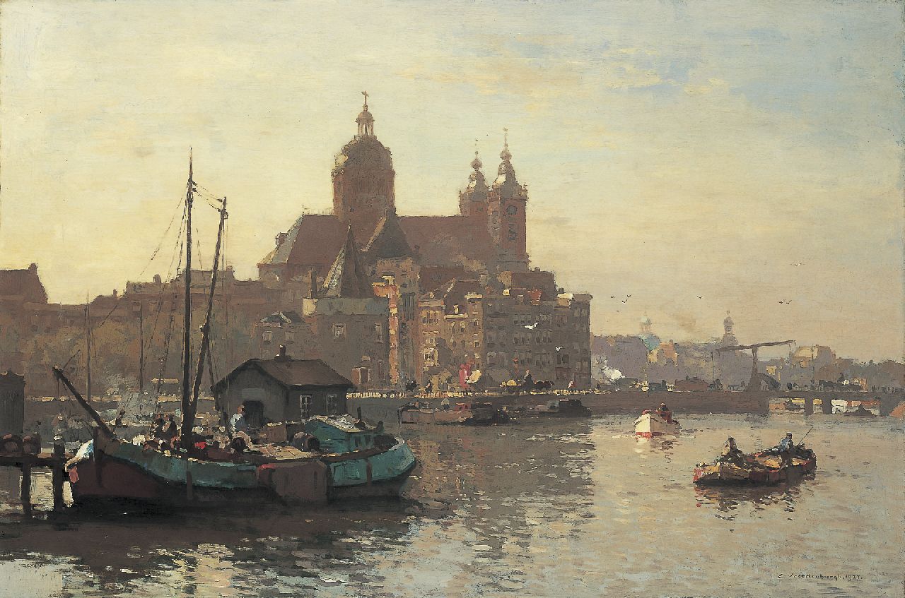Vreedenburgh C.  | Cornelis Vreedenburgh, A view of the IJ with the 'St. Nicolaaskerk', Amsterdam, Öl auf Leinwand 60,6 x 90,8 cm, signed l.r. und dated 1927