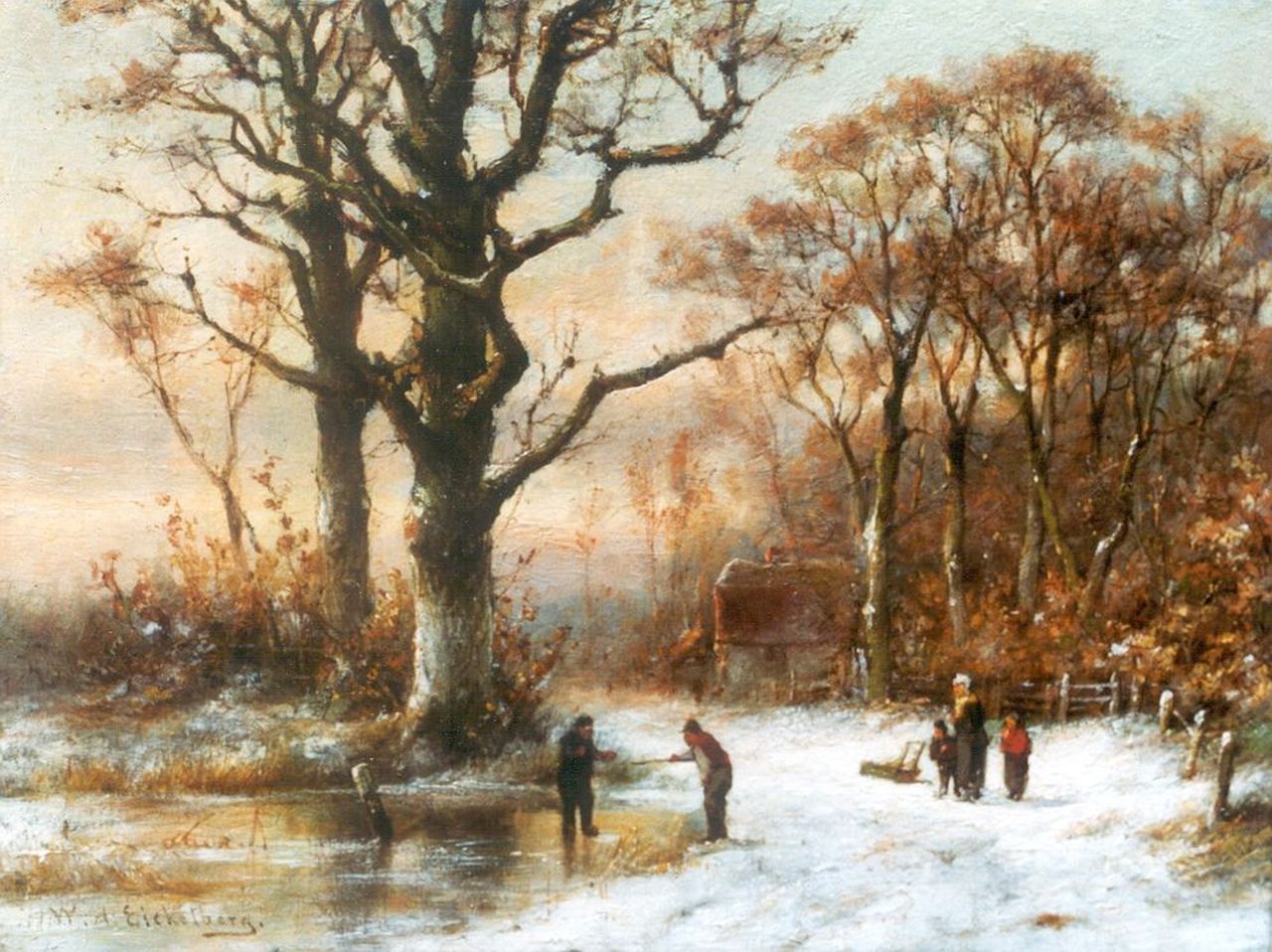 Eickelberg W.H.  | Willem Hendrik Eickelberg, Figures in a winter landscape, Öl auf Holz 26,9 x 35,3 cm, signed l.l.
