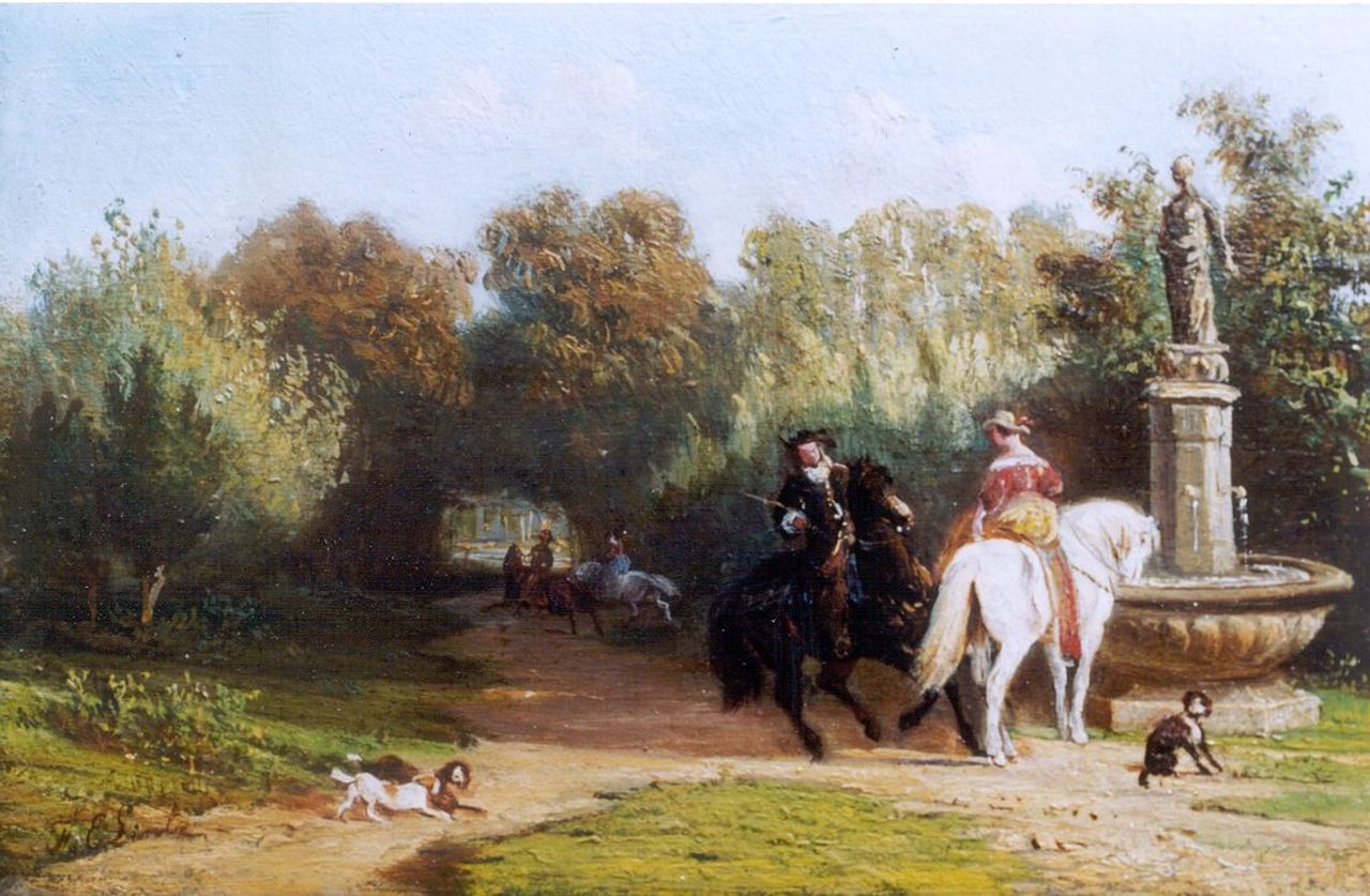 Lintz F.E.  | Ferdinand Ernst Lintz, Riding horseback, Öl auf Holz 9,8 x 14,9 cm, signed l.l.