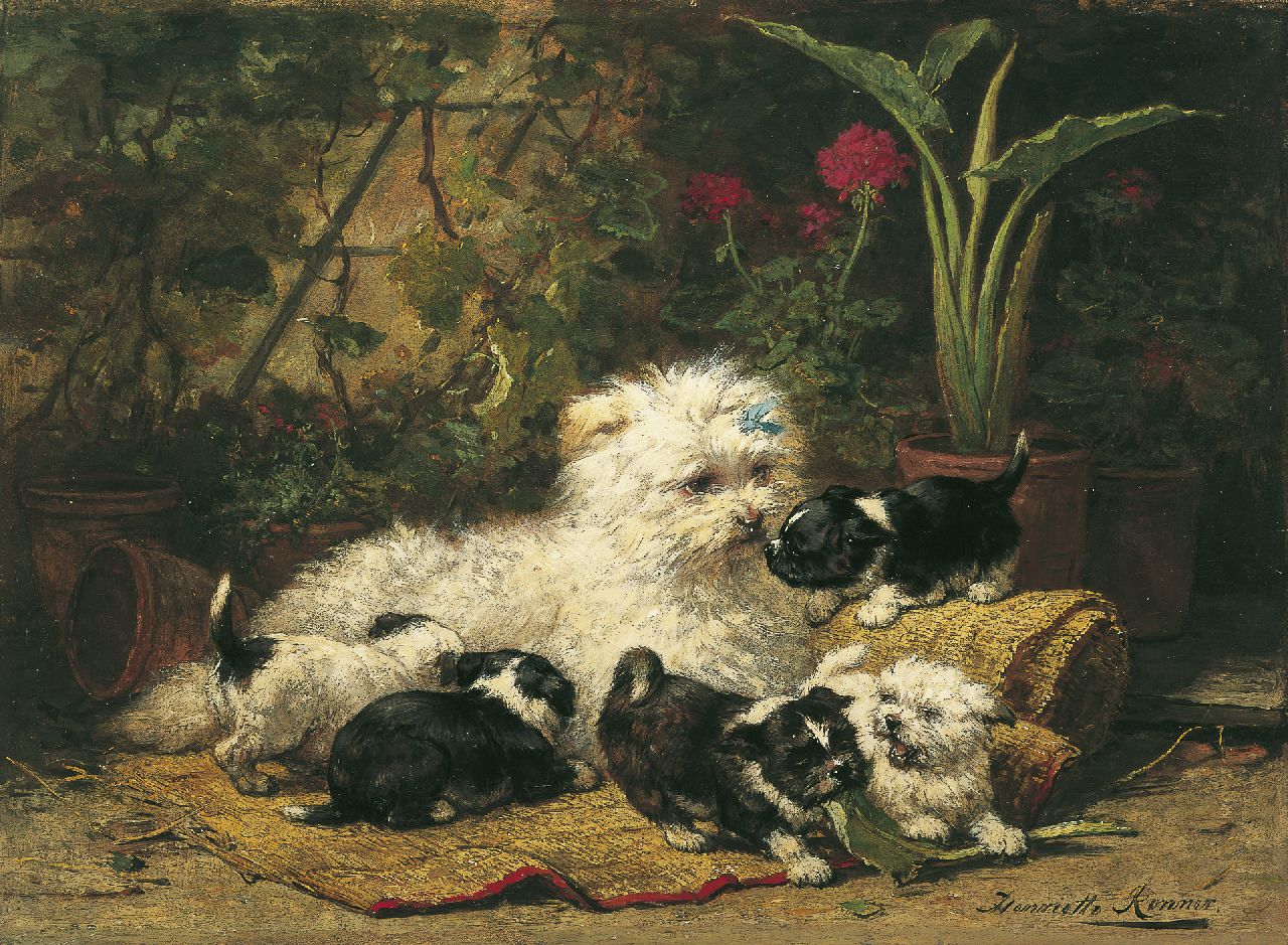 Ronner-Knip H.  | Henriette Ronner-Knip, A terrier with puppies, Öl auf Holz 32,9 x 45,0 cm, signed l.r.