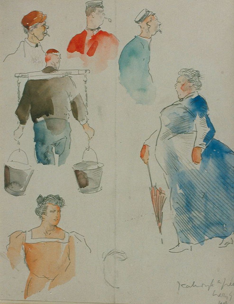 Sluiter J.W.  | Jan Willem 'Willy' Sluiter, Sketches with natives from Katwijk, Gemischte Technik auf Papier 29,0 x 22,5 cm, signed l.r. und dated 1908
