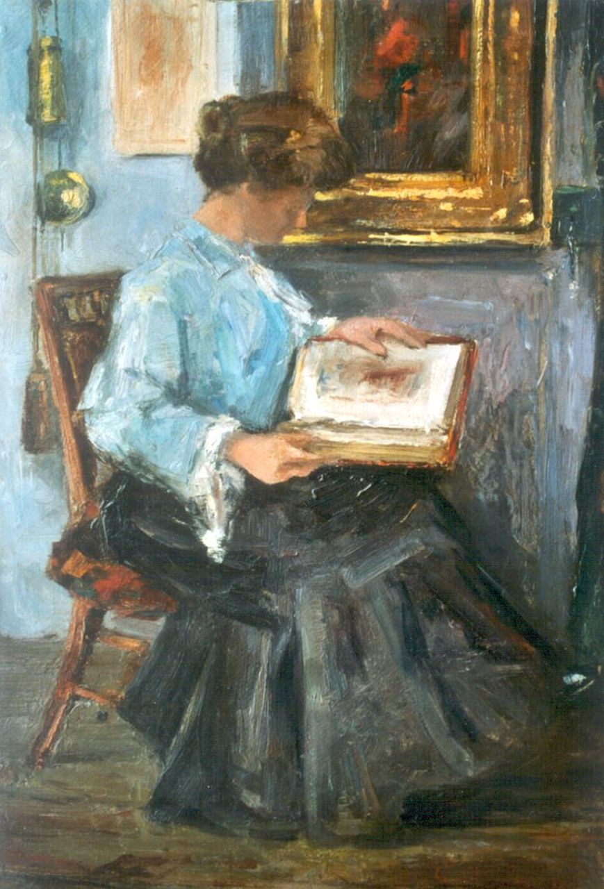 Hagemans P.  | Paul Hagemans, Interior with a reading woman, Öl auf Holzfaser 43,5 x 29,8 cm, signed l.r. (vaguely)