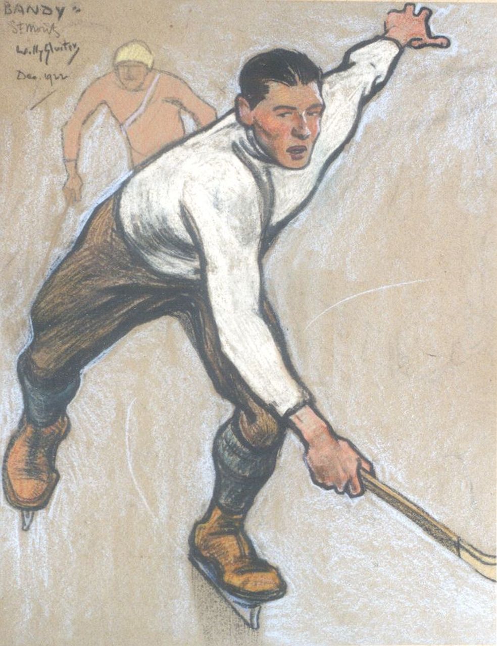 Sluiter J.W.  | Jan Willem 'Willy' Sluiter, Bandy players, St. Moritz, Farbkreide auf Papier 40,7 x 32,4 cm, signed u.l. und dated St. Moritz Dec. 1922