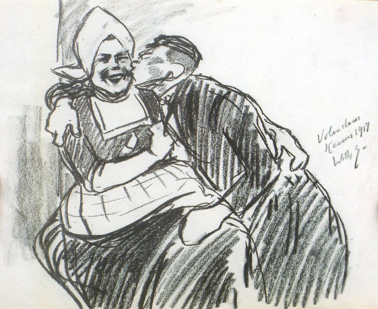 Sluiter J.W.  | Jan Willem 'Willy' Sluiter, First kiss, Volendam, Schwarze Kreide auf Papier 26,3 x 33,0 cm, signed m.r. und dated 1917