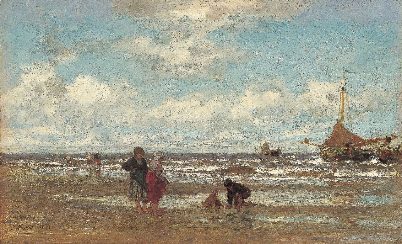Maris J.H.  | Jacobus Hendricus 'Jacob' Maris, Children playing on the beach, Scheveningen, Öl auf Leinwand 22,0 x 35,8 cm, signed l.l. und dated 1871