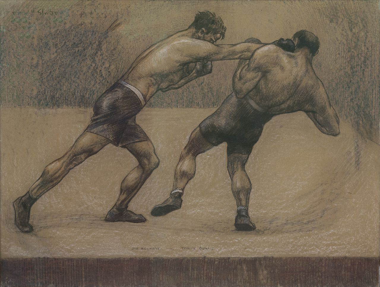 Sluiter J.W.  | Jan Willem 'Willy' Sluiter, Der Boxkampf von Joe Beckett gegen Tommy Burns, London 1920, Holzkohle und Pastell auf Papier auf Holzfaser 70,6 x 101,5 cm, Unterzeichnet o.l. und verso mit Namenstempel und datiert 'London' 1920