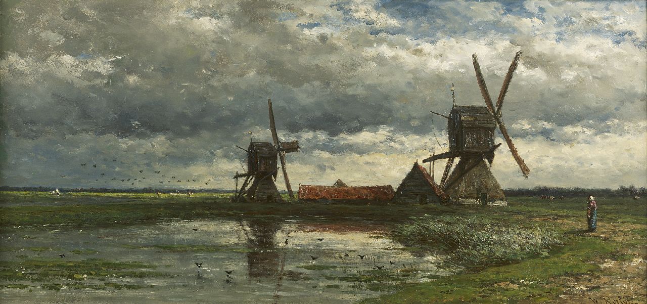 Roelofs W.  | Willem Roelofs, Polderlandschaft mit Wasserschöpfmühle, Öl auf Holz 28,0 x 59,0 cm, Unterzeichnet r.u. und zu datieren um 1880-1885