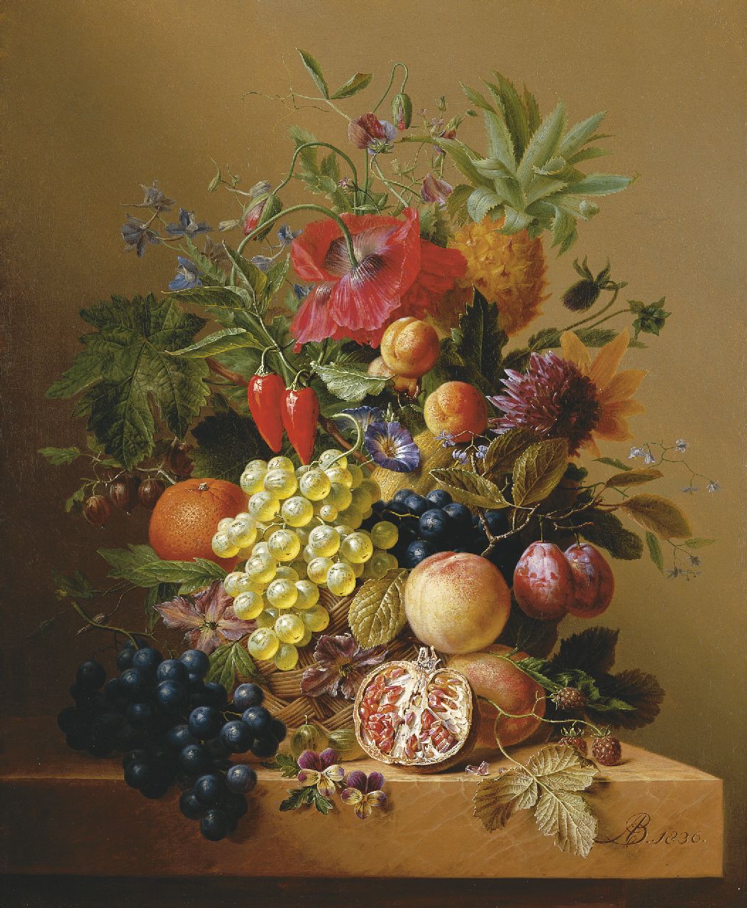Bloemers A.  | Arnoldus Bloemers, A still life with vegetables, flowers and fruit, Öl auf Leinwand 65,0 x 54,0 cm, signed l.r. with monogram und dated 1836