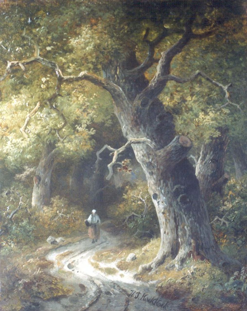 Koekkoek P.H.  | Pieter Hendrik 'H.P.' Koekkoek, Bäuerin auf einem Waldweg, Öl auf Holz 25,5 x 20,7 cm, signed l.c.
