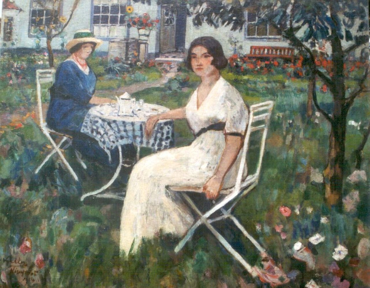 Keller A.  | Adolphe Keller, Tea-time, Nieuwpoort, Öl auf Leinwand 85,9 x 106,0 cm, signed l.l. und dated 'Nieuwpoort' 1914