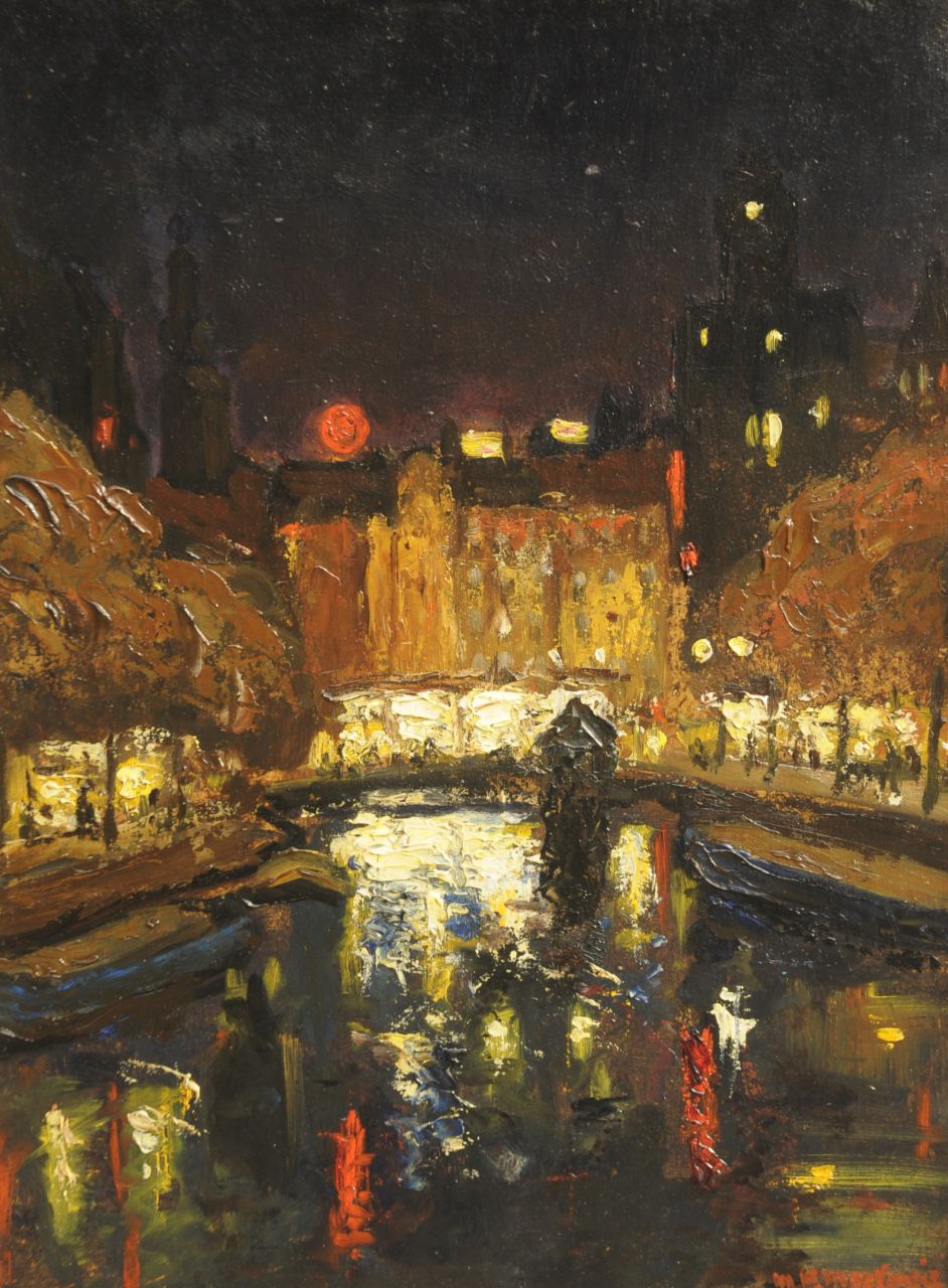 Mackenzie M.H.  | Marie Henri Mackenzie, Reflections: Singel near the Munt in Amsterdam, Öl auf Holzfaser 39,8 x 29,8 cm, signed l.r.