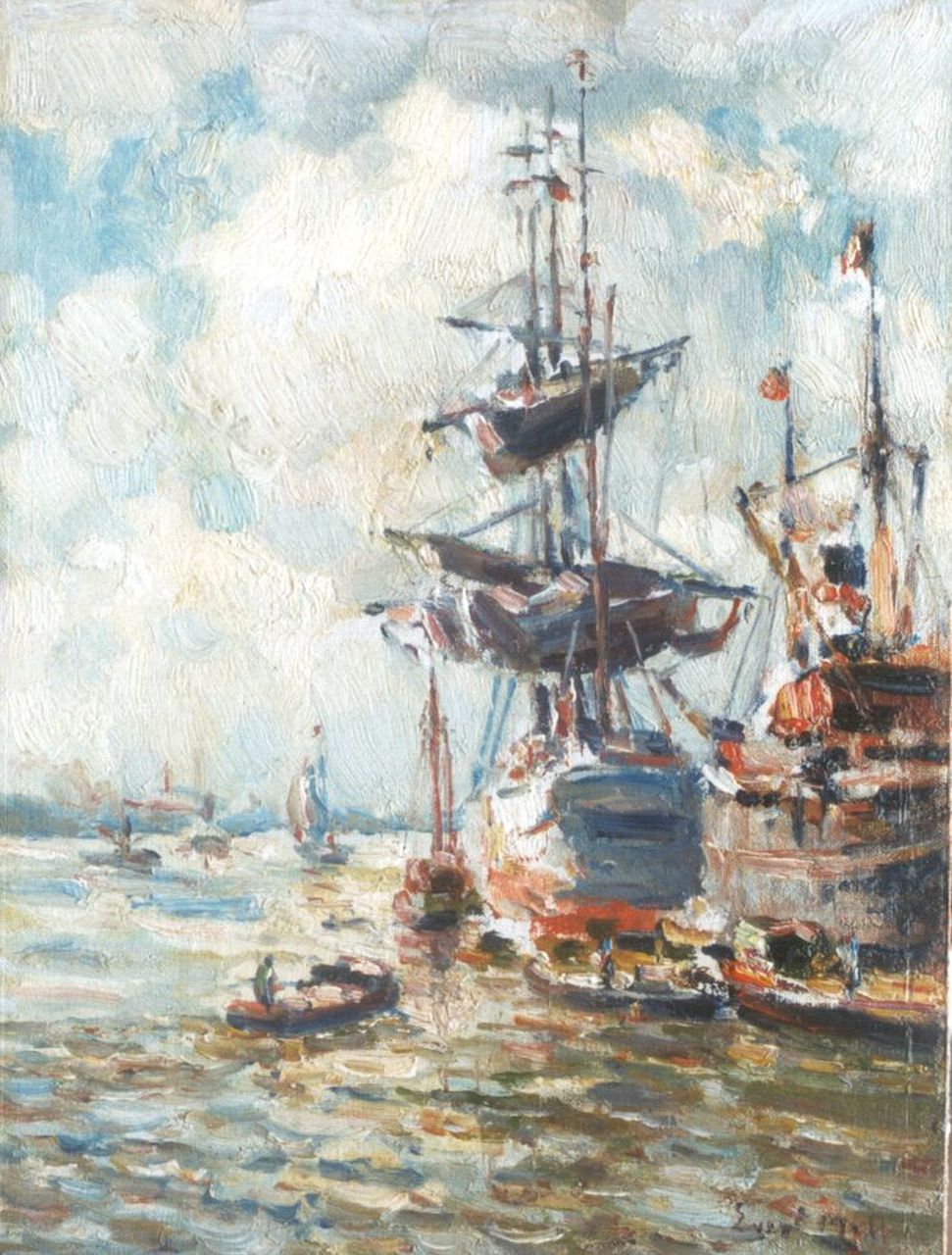 Moll E.  | Evert Moll, Ships and a three-master in the Rotterdam Harbour, Öl auf Leinwand auf Holz 24,9 x 18,9 cm, signed l.r.