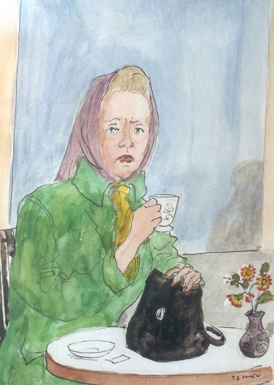 Kamerlingh Onnes H.H.  | 'Harm' Henrick Kamerlingh Onnes, A cup of tea, Filzstift, Kugelschreiber und Aquarell auf Papier 18,5 x 14,1 cm, signed l.r. with monogram und dated '73