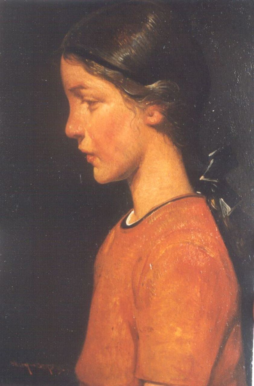 Berg W.H. van den | 'Willem' Hendrik van den Berg, A portrait of a young girl en profil, Öl auf Holz 19,0 x 12,6 cm, signed l.l. und dated 1929