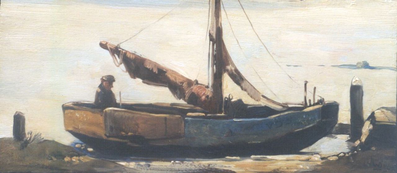 Berg W.H. van den | 'Willem' Hendrik van den Berg, A moored flatboat, Volendam, Öl auf Holz 12,7 x 27,8 cm, signed l.r. with monogram und dated 1967