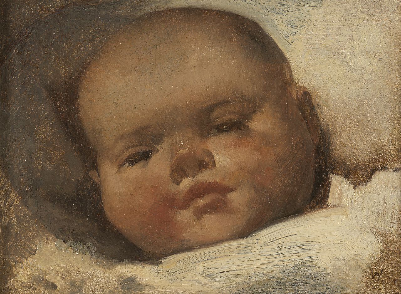 Berg W.H. van den | 'Willem' Hendrik van den Berg, A baby, Öl auf Holz 11,9 x 16,0 cm, signed l.r. with 'W'