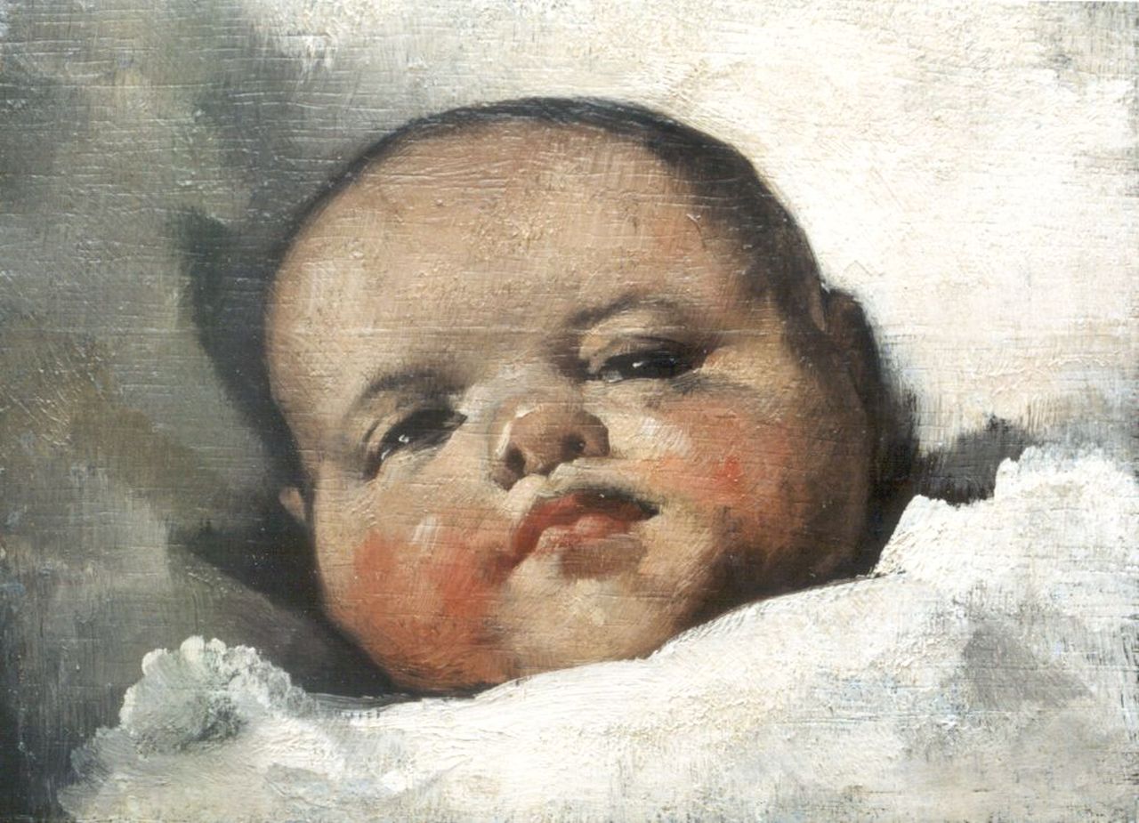 Berg W.H. van den | 'Willem' Hendrik van den Berg, Portrait of a baby, Öl auf Holz 12,7 x 16,9 cm, signed l.r. remains of signature