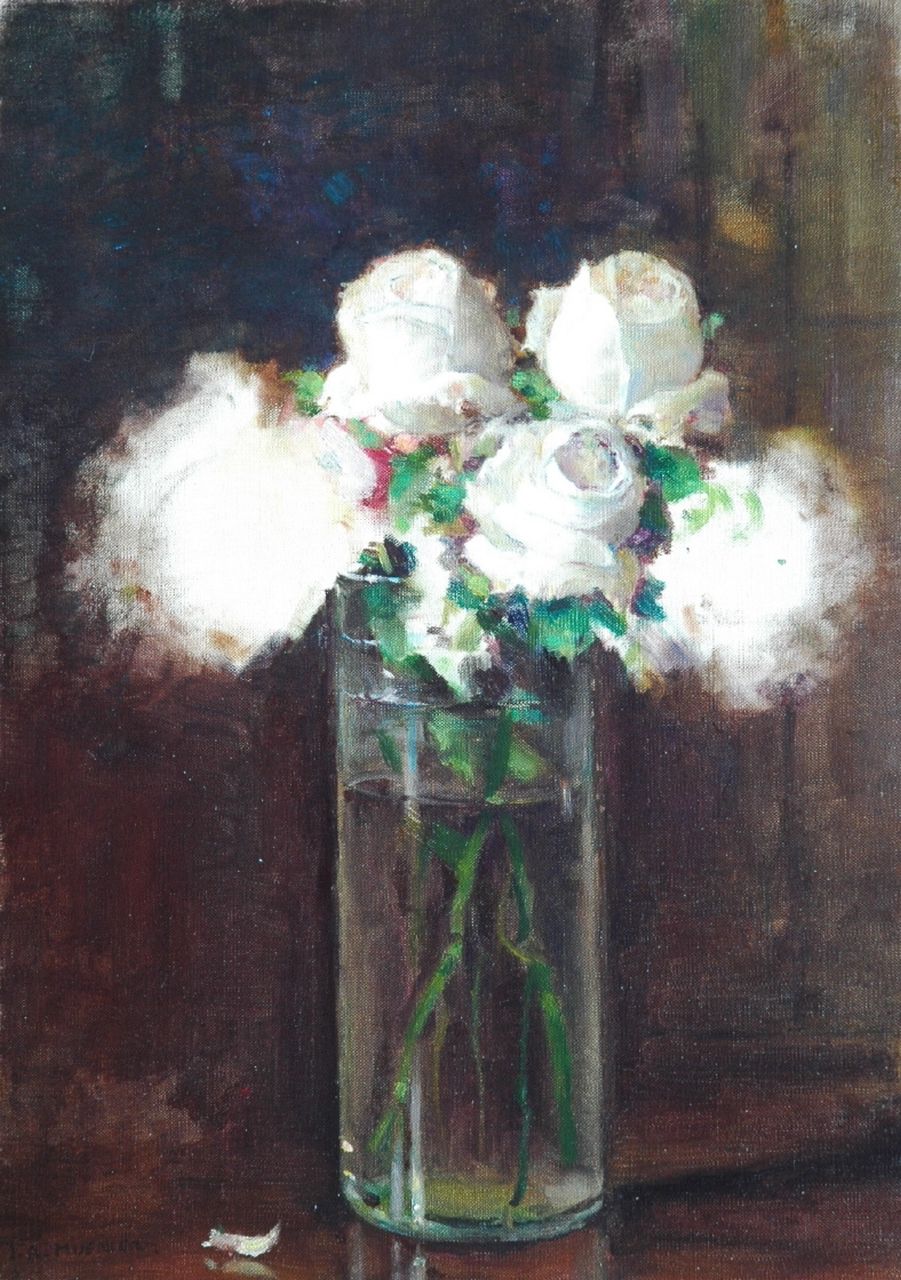 Muenier J.A.  | Jules Alexis Muenier, White roses in a glass vase, Öl auf Leinwand 46,2 x 33,2 cm, signed l.l.