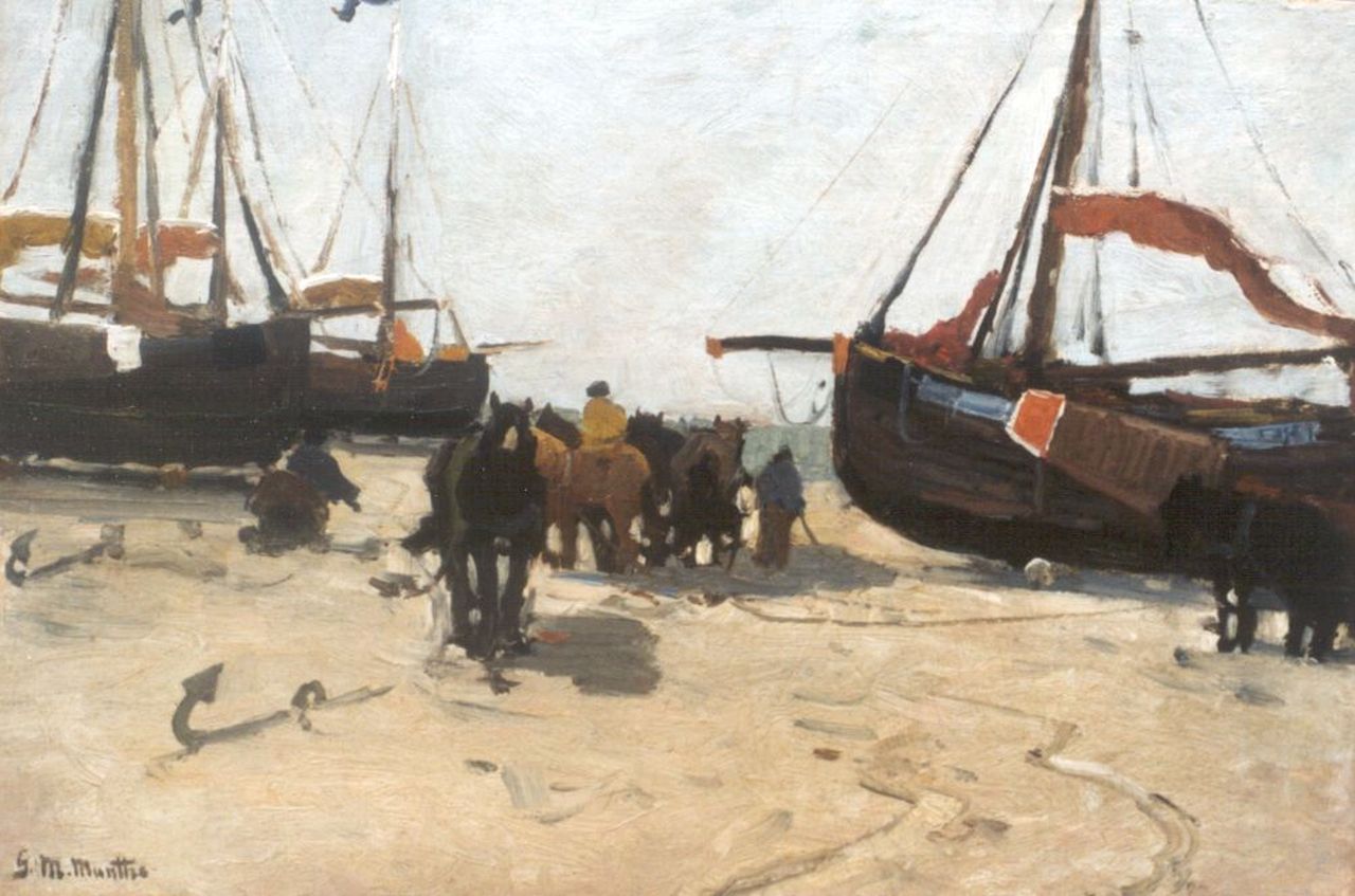 Munthe G.A.L.  | Gerhard Arij Ludwig 'Morgenstjerne' Munthe, 'Bomschuiten' on the beach, Öl auf Leinwand auf Holz 37,8 x 53,4 cm, signed l.l.