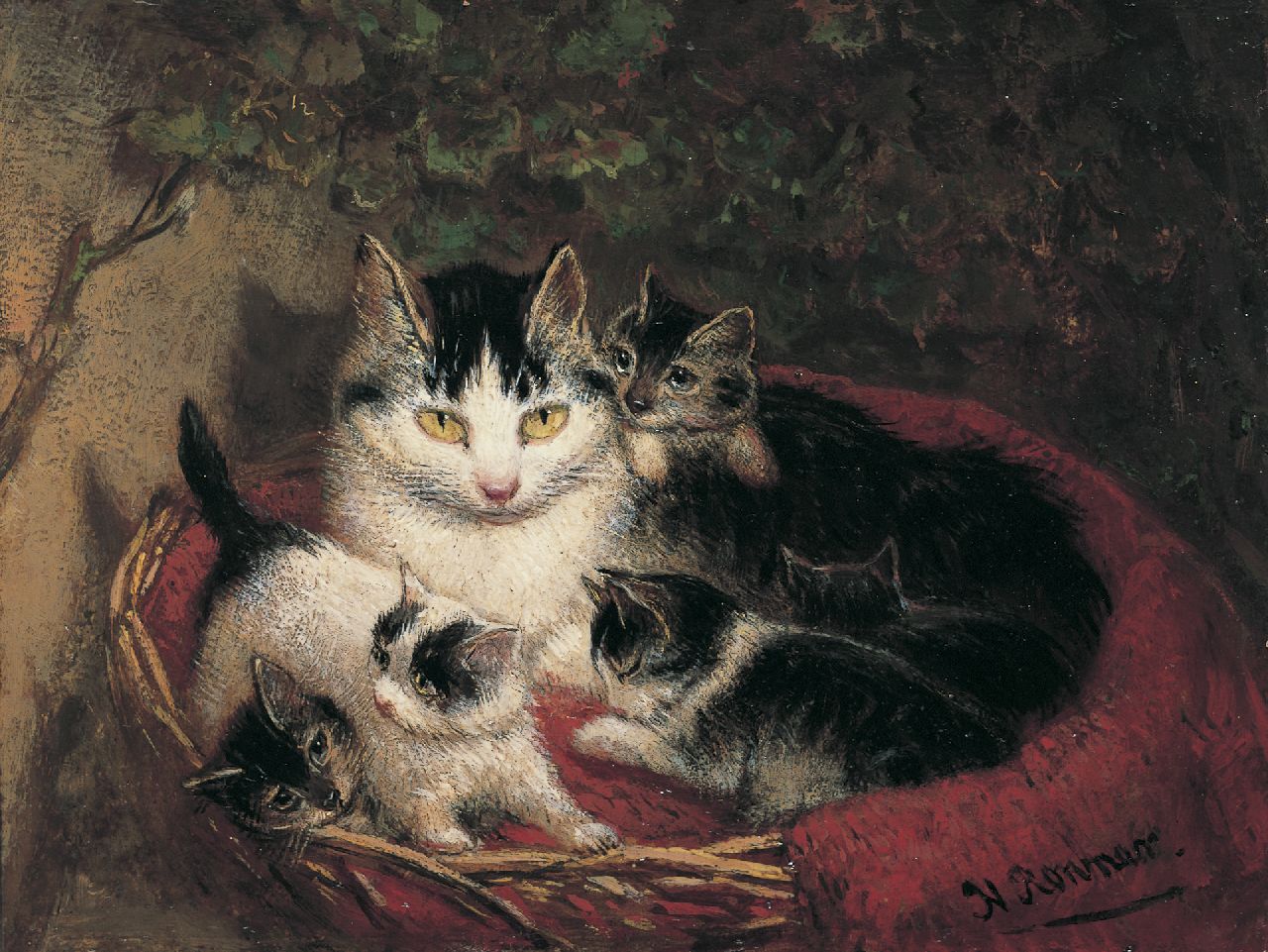 Ronner-Knip H.  | Henriette Ronner-Knip, The proud mother, Öl auf Holz 10,9 x 14,1 cm, signed l.r.