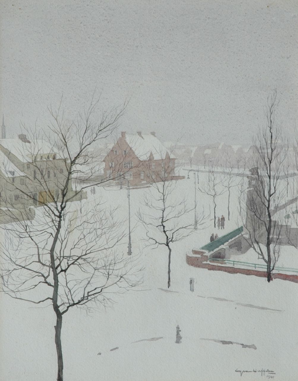 Duffelen G. van | Gerrit van Duffelen, Schnee in Amsterdam Süd, Aquarell auf Papier 46,5 x 37,7 cm, Unterzeichnet r.u. und datiert 1941