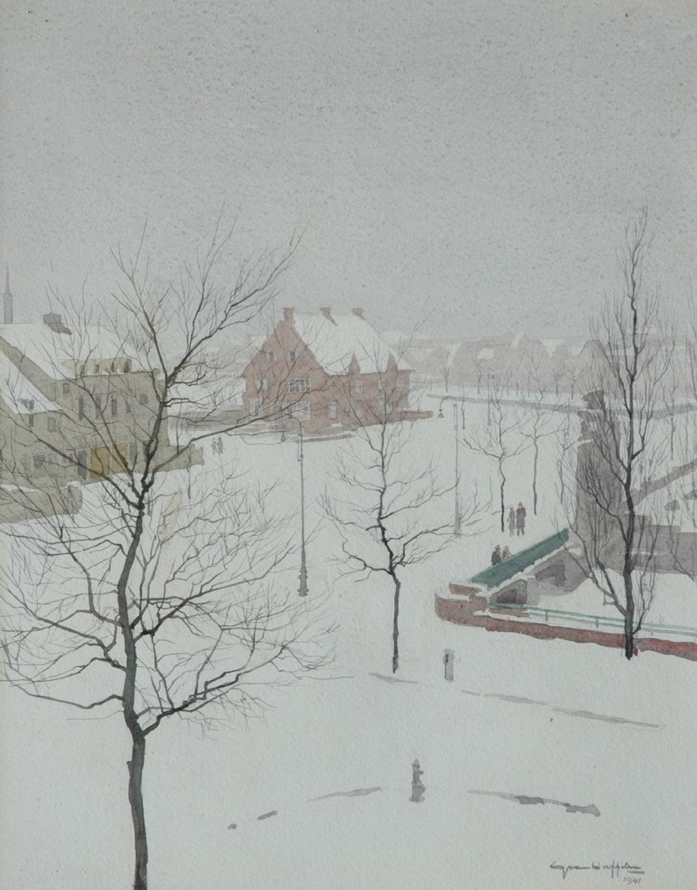 Duffelen G. van | Gerrit van Duffelen, Schnee in Amsterdam Süd, Aquarell auf Papier 46,5 x 37,7 cm, Unterzeichnet r.u. und datiert 1941