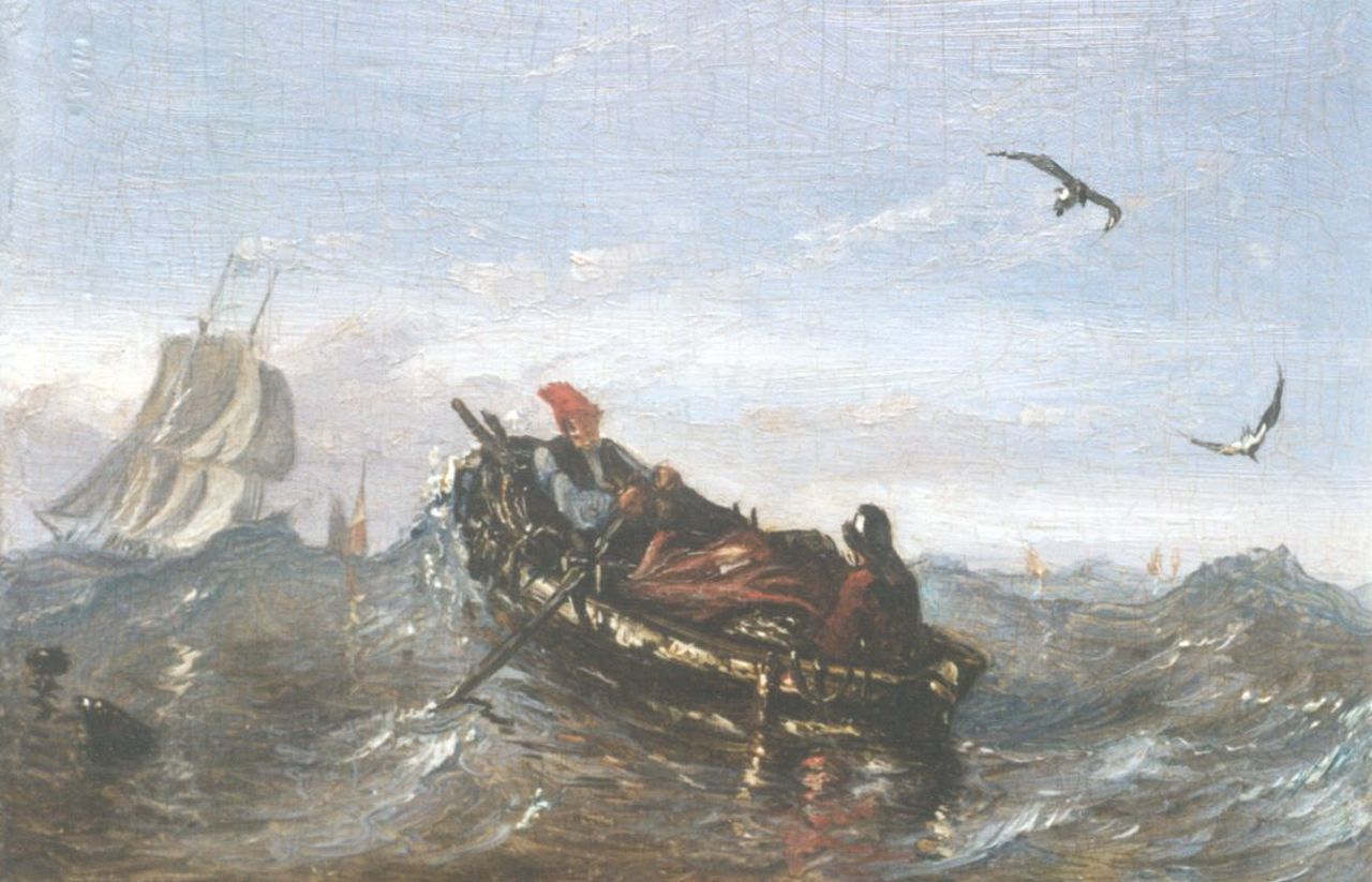 Beest A. van | Albertus van Beest, A barge on choppy waters, Öl auf Holz 9,2 x 13,4 cm
