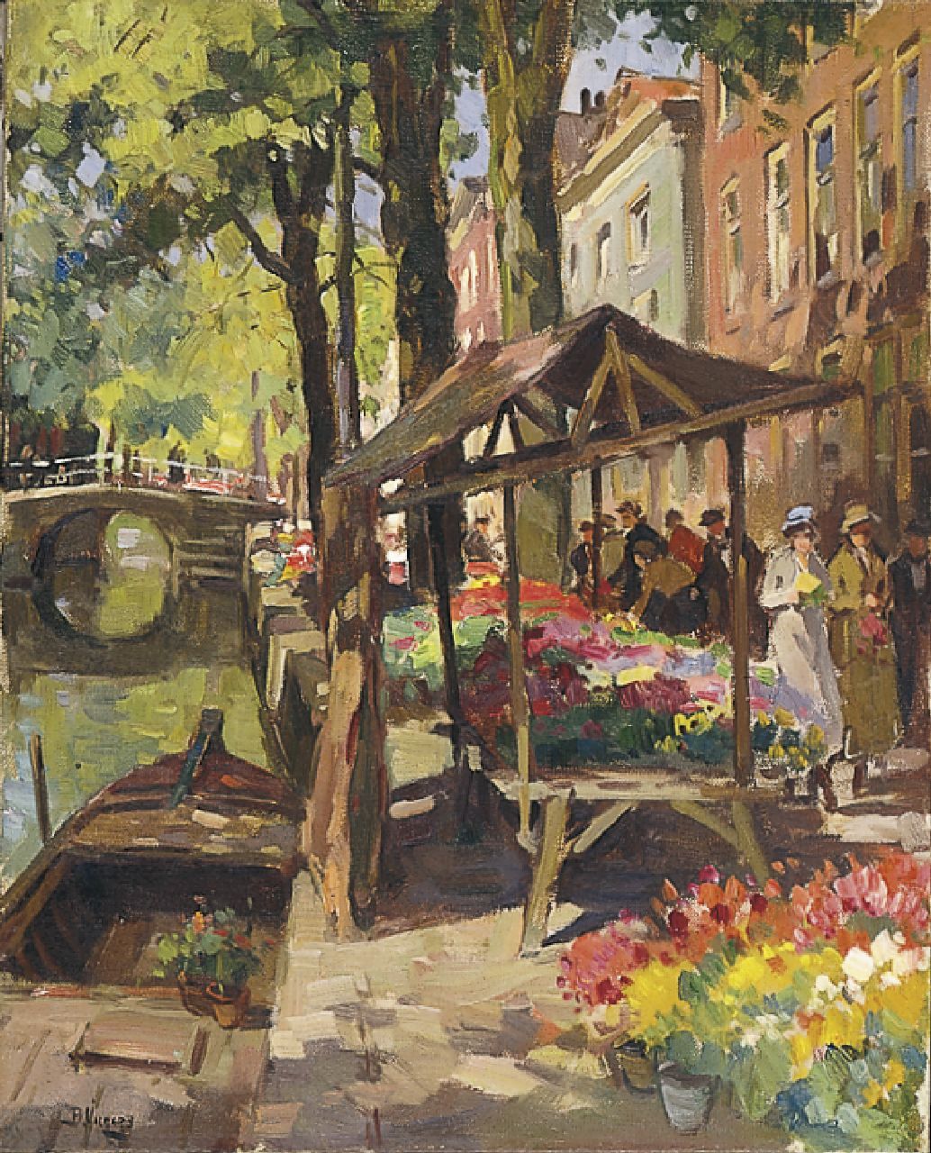 Viegers B.P.  | Bernardus Petrus 'Ben' Viegers, The flower market, Delft, Öl auf Leinwand 50,0 x 40,3 cm, signed l.l.