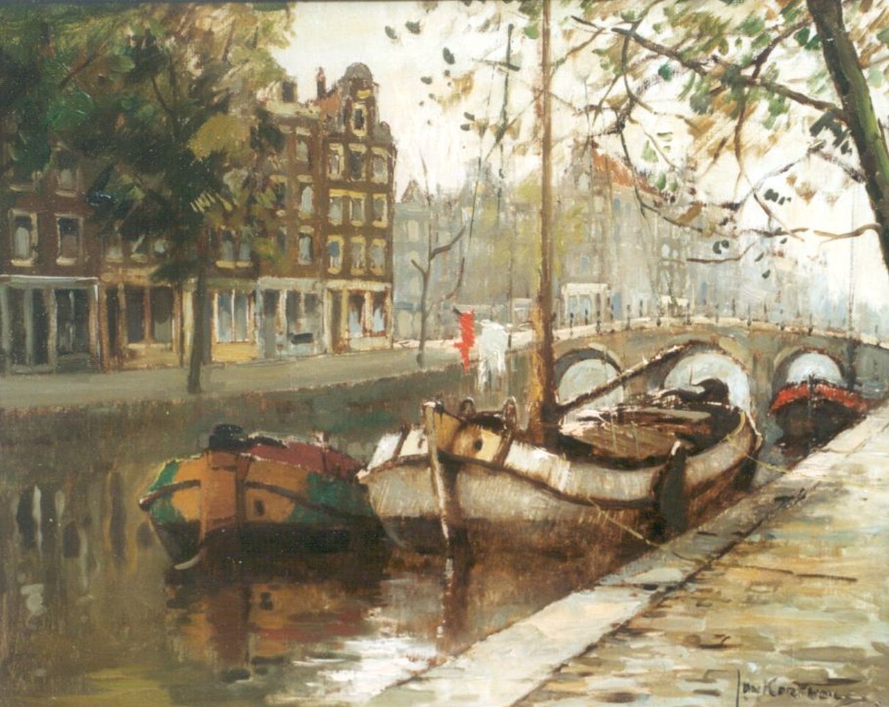 Korthals J.  | Johannes 'Jan' Korthals, Moored boats in a canal, Amsterdam, Öl auf Leinwand 40,3 x 49,9 cm, signed l.r.