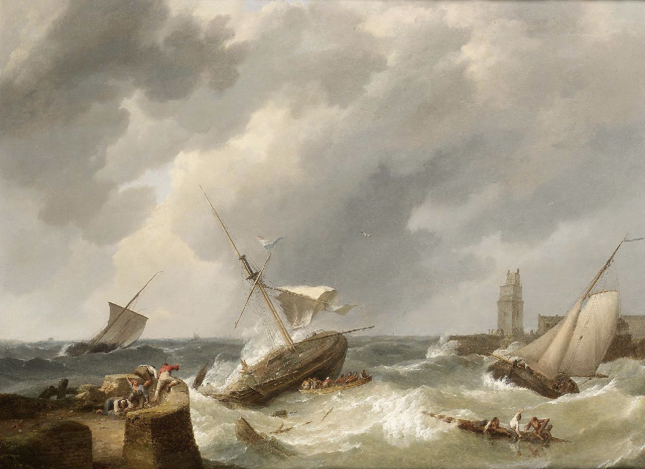 Koekkoek J.H.  | Johannes Hermanus Koekkoek, Dutch barges caught in a squall, Öl auf Leinwand auf Holz 63,5 x 85,0 cm, signed l.l. und dated 1838