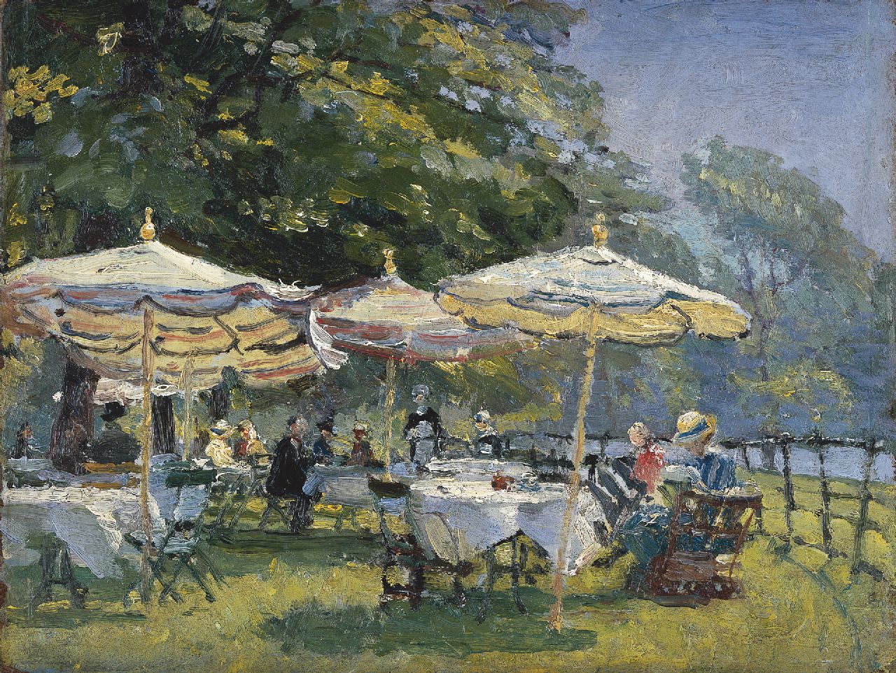 Moll E.  | Evert Moll, Afternoon tea on a terrace, Öl auf Malereifaser 26,6 x 35,3 cm