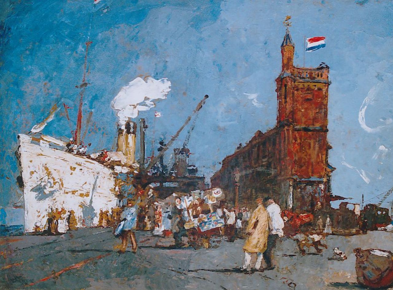 Monnickendam M.  | Martin Monnickendam, Ocean steamer in the harbour of Amsterdam, Öl auf Leinwand 45,6 x 60,6 cm, signed l.l. und dated 1916
