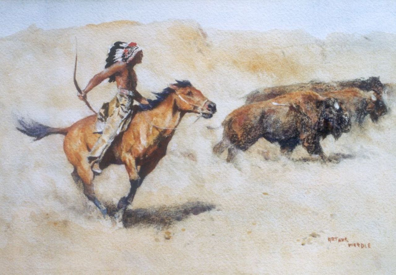 Wardle A.  | Arthur Wardle, The buffalo hunt, Aquarell auf Papier 30,2 x 40,1 cm, signed l.r.