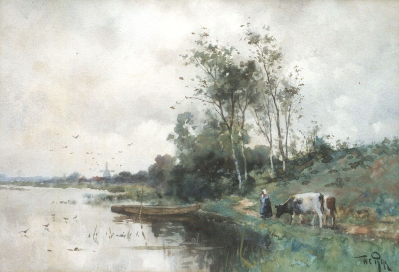 Rip W.C.  | 'Willem' Cornelis Rip, A cowherd on a path along the water near Bergschenhoek, Aquarell auf Papier 23,8 x 34,5 cm, signed l.r.