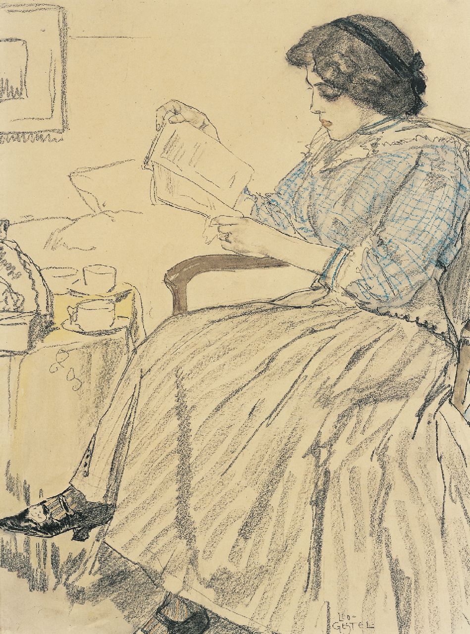 Gestel L.  | Leendert 'Leo' Gestel, An elegant lady reading, Kreide und Aquarell auf Papier 36,0 x 27,3 cm, signed l.r.