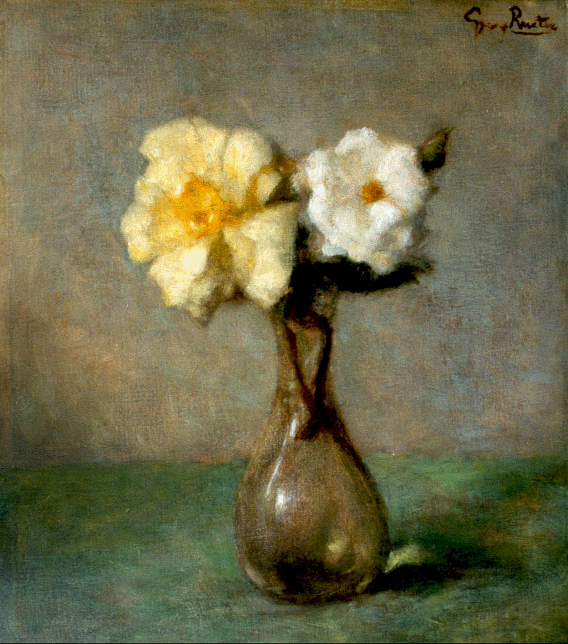 Rueter W.C.G.  | Wilhelm Christian 'Georg' Rueter, Tea-roses in a glass vase, Öl auf Leinwand 40,0 x 35,3 cm, signed u.r.