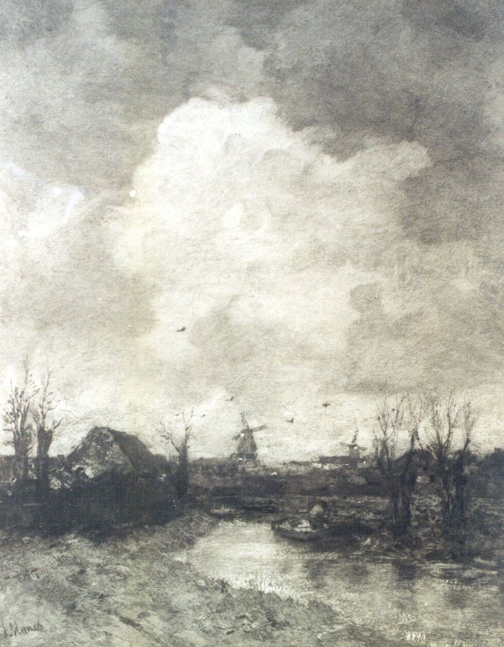 Graadt van Roggen J.M.  | 'Johannes' Mattheus Graadt van Roggen, A landscape, with a windmill in the distance near The Hague, after J.H. Maris, Radierung auf Papier 50,0 x 63,0 cm, signed l.r.