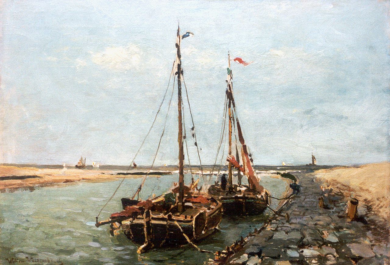 Weissenbruch W.J.  | 'Willem' Johannes Weissenbruch, Moored flatboats, Katwijk aan Zee, Öl auf Leinwand 41,7 x 58,6 cm, signed l.l.