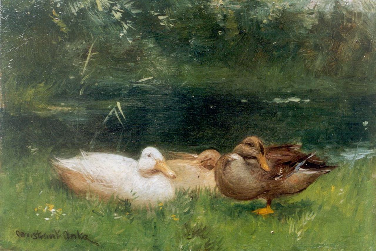 Artz C.D.L.  | 'Constant' David Ludovic Artz, Three ducks on the riverbank, Öl auf Holz 12,5 x 18,0 cm, signed l.l.