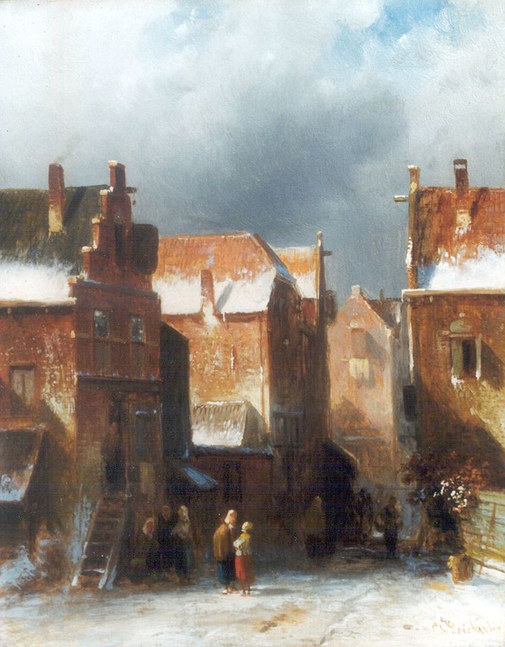 Leickert C.H.J.  | 'Charles' Henri Joseph Leickert, Figures in a snow-covered town, Öl auf Holz 27,2 x 21,6 cm, signed l.r.